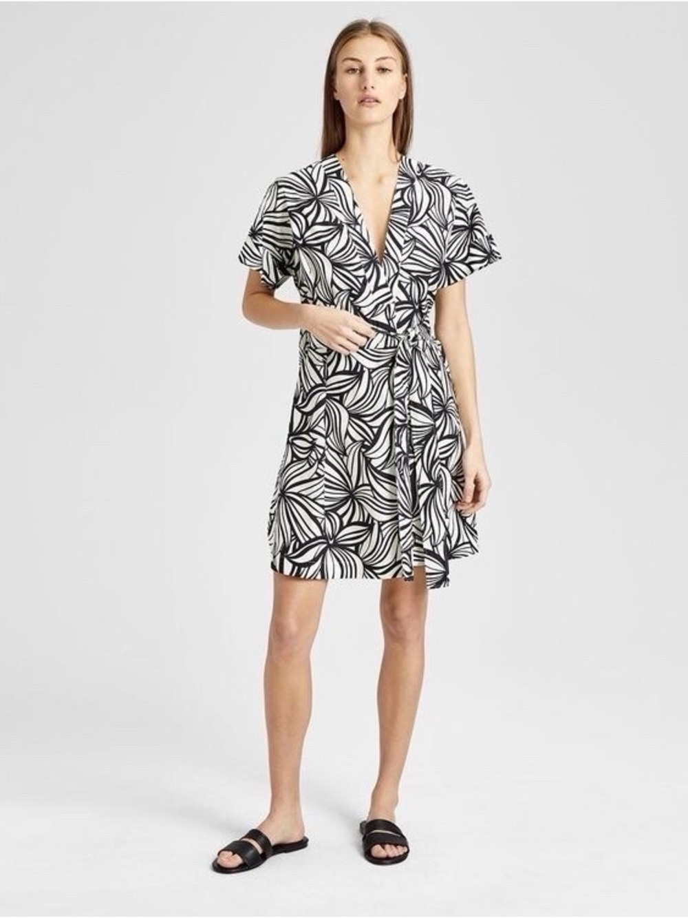 Theory Everyday V Shift Dress Graphic Print Tie Belt 100% cotton Size Small